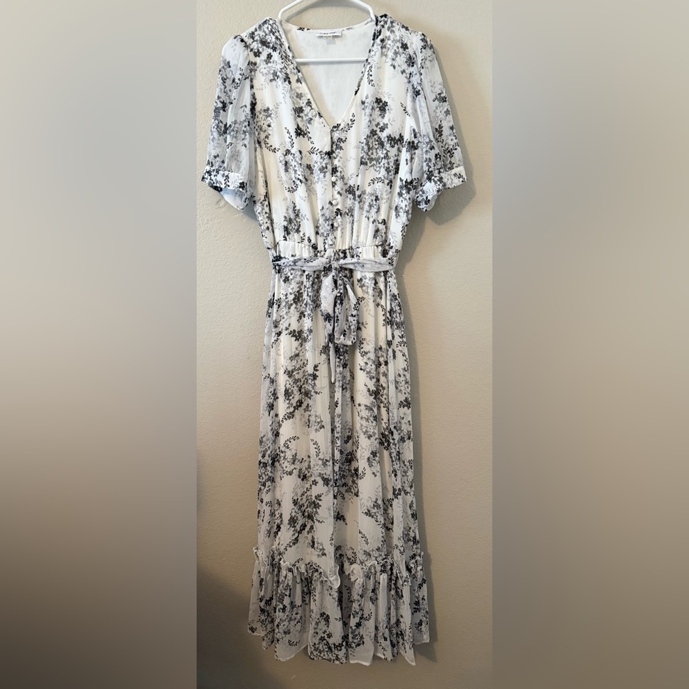 Calvin Klein White Maxi Dress with Black Floral Print and Tie Waist